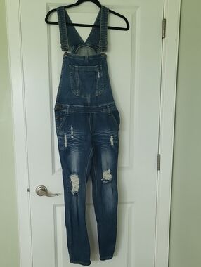 Machine Distressed Denim Overalls - Blue